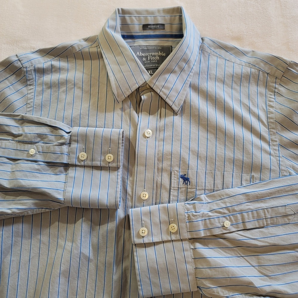 Abercrombie Fitch Men's Gray Blue Stripe‎ Button-Up Long Sleeve Shirt Size XL